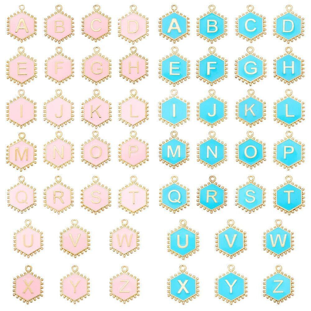 1338 52Pcs Letter Charms Bulk Hexagon Blue Pink A-Z Letters Enamel Pendants